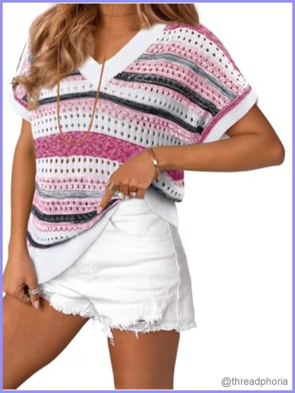 Crochet Knit Sweater 55% Acrylic 45% Cotton Short Sleeve V-Neck
